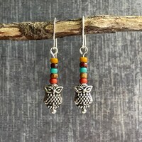 Tiny Owl Earrings / Beaded Owl Dangle Earrings / Small Silver Earrings / Fall Earrings / Dainty Owl