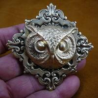 large Owl head night bird on diamond shaped scrolled brass pin pendant  I love owls lover birds B-Bi