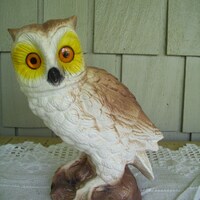 Vintage Chalkware White Owl Figurine, Bright Yellow Eyes (10.5")