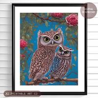 Owl wall art printable, quirky owl home decor, woodland animals wall art, fun owl gifts, two cute ow