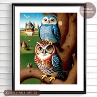 Printable owl wall art, quirky owl home decor, kids wall art, woodland animals instant download, cut