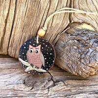 Hand Painted Rustic Wood Slice Snow Owl Ornament Simple Art Colorful Whimsical Wooden Hanging Decor