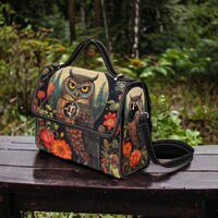 Dark Cottage Goth Owl and Dark Garden Satchel, Dark Cottagecore Owl purse, Canvas Wiccan Owl Dark Wi
