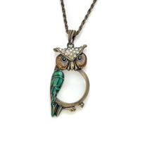 Enamel and Bronze Owl Magnifying Glass Pendant Necklace, Gift for Parents, Gift for Readers, Gift fo