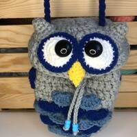 Owl Bucket Bag; Blue Crocheted Owl Crossbody Purse