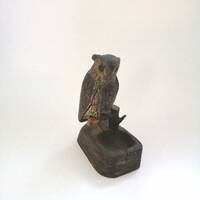 Antique 1937 Hand Carved Wooden Ashtray OWL Handmade Figurine Rustic Wooden Sculpture Folk Art Decor