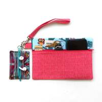 Pink Owl Print Wristlet Combined With Center Zip Ear Bud Case, Front Zip Clutch, Phone and Camera Ho