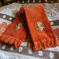 Vintage Martex Owl hand towels set of 2 rust orange embroidered