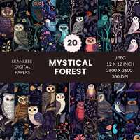 20 Owl Mystical Forest Seamless Leaves Pattern, Digital Paper Pack, Nighttime illustrations, Instant