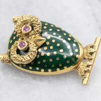 Crazy Eyed Owl Pin, Gold and Ruby, Vintage Mid Century Made in Italy