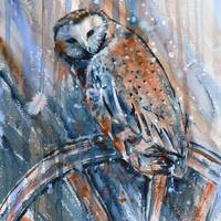 Barn Owl on Wagon Wheel Original Watercolor Painting Wall Art Birds of Prey Owls Wildlife Feather Wo