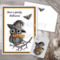 Owl Halloween card, envelope and gift cards featuring cute owl sitting on a branch and bat. Digital 