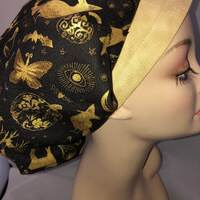 Bouffant Scrub Hat Elegant Magic Cat Owl Gold Black adjustable cap CRNA CNOR