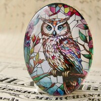 Stained glass eagle owl, 40x30mm or 25x18mm glass oval cabochon, brown green, wisdom bird, handmade