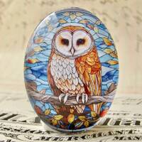 Stained glass Tawny Owl, Barn Owl, 40x30mm or 25x18mm glass oval cabochon, brown, wisdom, handmade i