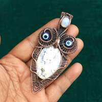 Wire Wrapped Copper Owl Pendant: Dendrite Opal Gemstone Jewelry