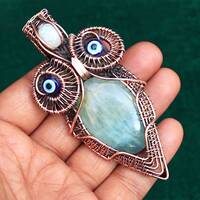 Aquamarine Owl Pendant: Copper Wire Wrap Gemstone Jewelry