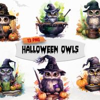Watercolor Halloween Owl Clipart, Halloween PNG, Cute Halloween Graphics, Adorable Clipart bundle, T