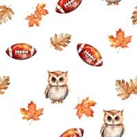 Football Season Autumn Owl Fabric By The Yard Fall Maple Oak Leaves