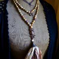 Owl Artisan Mala Necklace, Mala Beaded Necklace, Sari Silk Tassel Necklace, Nature Inspired Mala, De