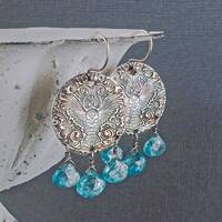 Sterling Silver Owl Earrings: Blue Zircon Chandelier, Artisan Jewelry