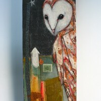 barn owl bird night sky stars painting original a2n2koon wall art on reclaimed wood textured artwork
