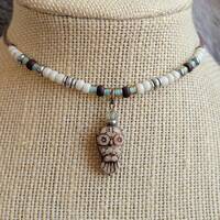 Adjustable Wax Cord Czech Glass Owl Choker, Czech copper wash antiqued cream pressed glass, glass se