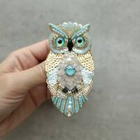 Beaded owl pin embroidered bird brooch handmade jewelry unique gift beige and blue owl made in Ukrai