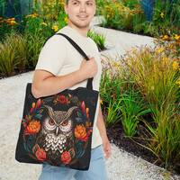 HORNED OWL Large Tote Bag - Owl and Orange Flowers Tote - Horned Owl Overnight Bag - Pretty Owl Tote