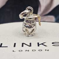 Fabulous Links of London Graduation Owl Charm, Sterling Silver, 18k Gold Vermeil Detail, Enamel Eyes