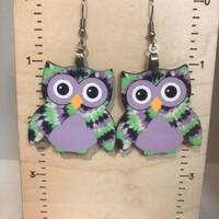 Purple green tie die owl earrings, sublimated, lightweight, summer, spring, fall, winter, animal ear