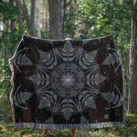 Dark Green Forest Owl Mandala Woven Throw Blanket, Boho Cotton Tapestry, Shipped From US