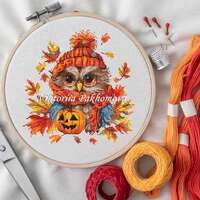 Fall owl cross stitch pattern pdf Cute funny autumn bird pictorial embroidery Kawaii maple leaf nurs