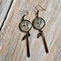 Artist Made Barn Owl Dangle Earring Brass Color with Feather and Stone