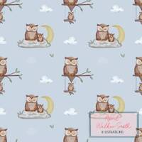Sleepy Owls, watercolour, seamless pattern, surface pattern, non exclusive, digital file, fabric des