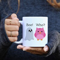 Cute Halloween Mug, Options include Pink Owl Mug or Blue Owl Mug, Retro Style Ghost Mug, Vintage Sty