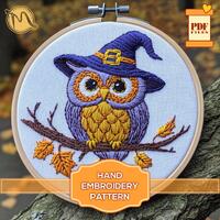 Owl Halloween Embroidery Pattern Template. Embroidery Stitch Guide for beginners, DMC Color and stit