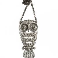 LOUIS GIUSTI Statement Necklace - Hammered Silver OWL Pendant Necklace - Massive Signed Articulated 
