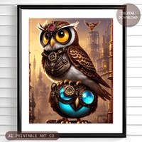 Owl wall art, steampunk owl print, owl home decor, quirky owl gift, cute owl instant download, print