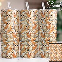 Cute Barn Owls Pattern Watercolor Seamless Tumbler Designs, 20oz Straight Skinny Tumbler Wrap, Subli