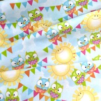Owls on Light Blue, sunshine Comfy Cotton FLANNEL Fabric by A E Nathan, baby owls  clouds, baby blan
