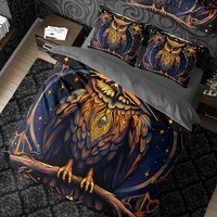Screech Owl Whimsigothic Duvet Cover Wizard Aesthetic Quilt Cover, Witchcore Bedding Set Hippie Goth
