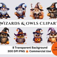 Halloween Wizard Owl Clipart, Commercial Use (Digital Download)