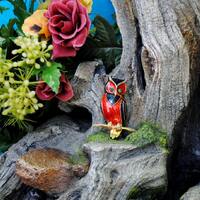 Boucher Enamel Owl Brooch // Red and Black on Goldtone // Vintage Designer Signed Figural Pin