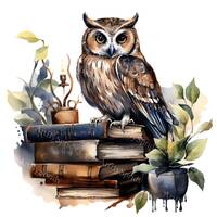 Vintage Owl on Antique Books PNG Clipart Illustration,Retro Bird Art,Watercolor Owl,Woodland Decor,D