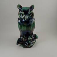 Blue Mountain Pottery Owl; BMP Ceramic Owl; Green and Black Drip Glaze; Wildlife; Bird of Prey; Mid-