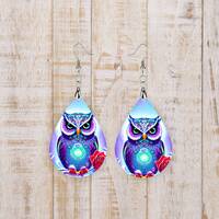 Blue Owls Tear Drop Dangle Printed Earrings Jewelry Handmade