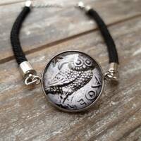 Owl bracelet, ancient coin's image jewelry, greek goddess, art student gift, stainless steel and
