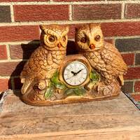 Vintage Heavy Chalkware Pair of Owls Clock Movement Made by Lanshire | Retro Owl Decor MCM Mid Centu