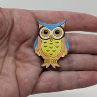 Whimsy Owl, Lapel Pin, Hand-painted Wood, or Magnet, Bird Art, Jewelry, Pins by Joanie, gifts for he